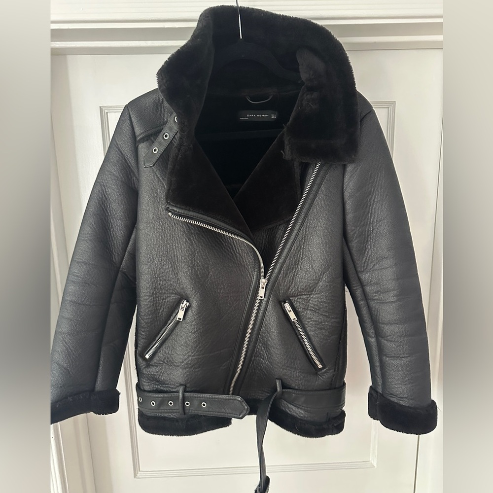 Black Zara Women’s Moto (faux) leather and shearling coat.